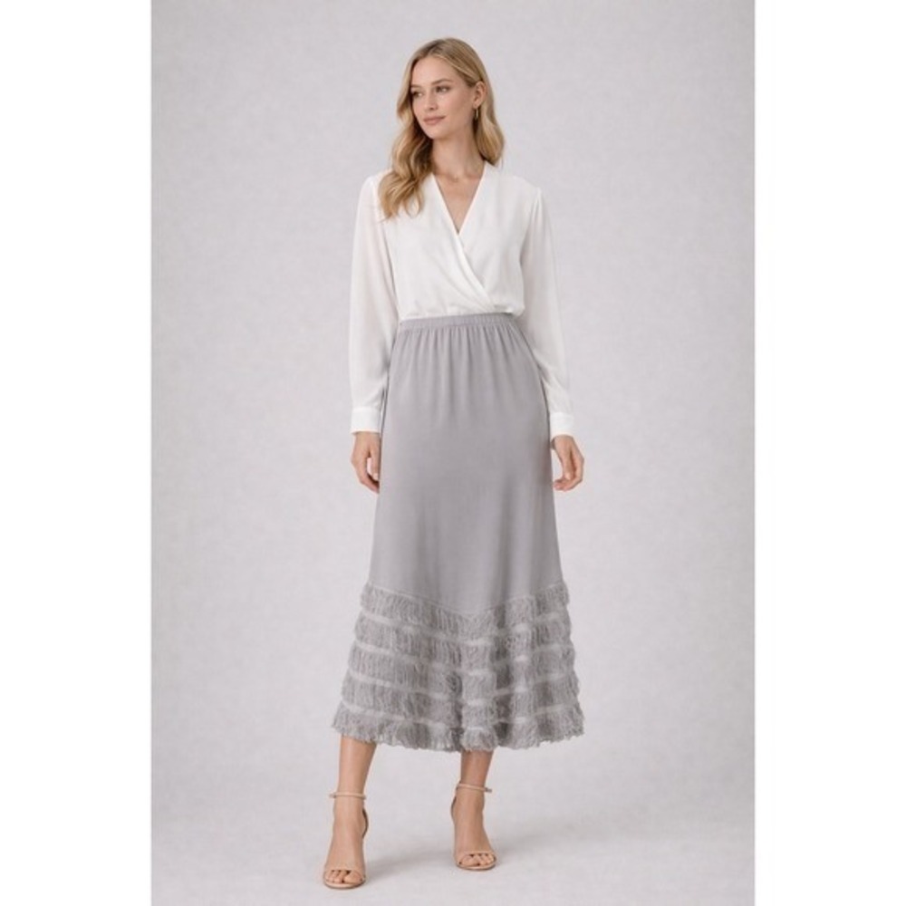 Antthony Original Grey Fringe Midi Skirt Elastic Waist Pockets Size XL NWT